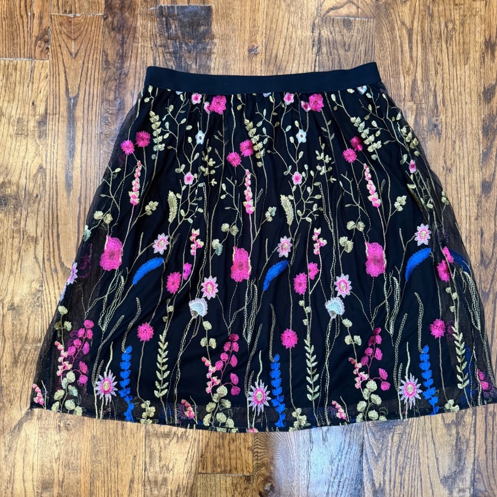 Susan Graver Womens L Black Mesh Floral Embroidered A-Line Skirt Pink Blue Lined